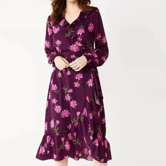 Draper James RSVP Plum Multicolor Floral Ruffle Wrap Lined Dress Size XS - Picture 1 of 7
